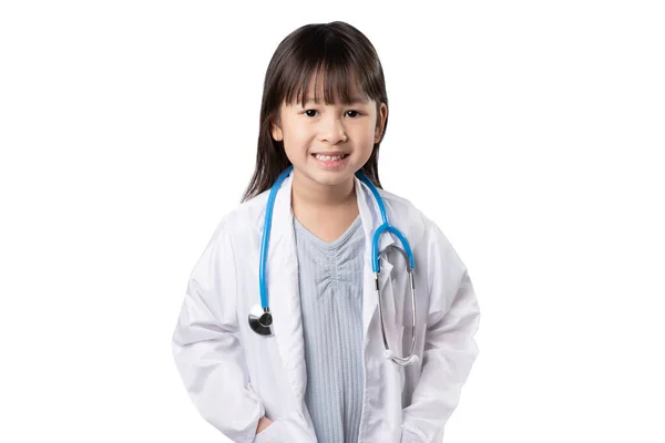 Sonriente Niña Asiática Uniforme Médico Con Estetoscopio Salud Concepto Médico — Foto de Stock