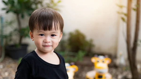 Close Cute Little Asian Boy Smiling Happy Outdoor Baby Face — ストック写真
