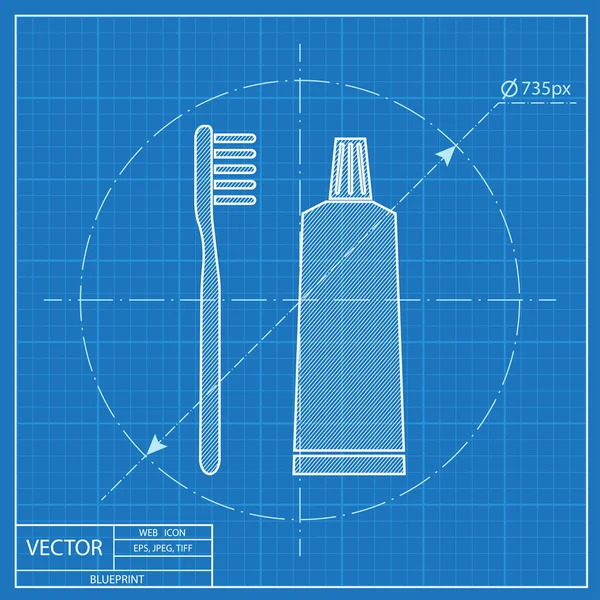 Tandenborstel en tandpasta blauwdruk-pictogram — Stockvector