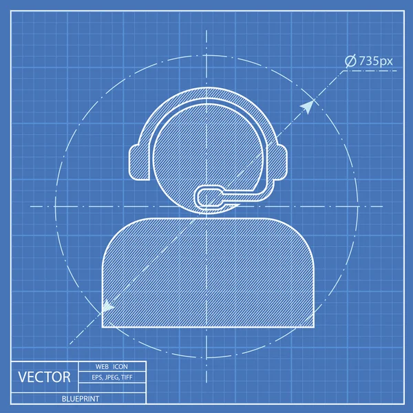 Customer support operator with headset blueprint icon — Stock Vector