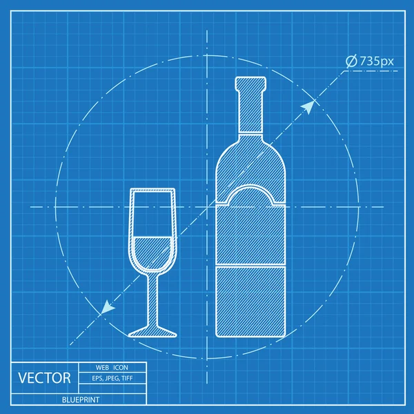 Blaupause Symbol des Weinglases mit Flasche Vektorgrafiken