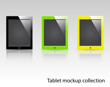 Tablet bilgisayarlar vektör mockup siyah, yeşil ve sarı. Arka plan çerçeve, broşür nesnesi, web öğesi, app arka plan mockup için kullanılabilir.