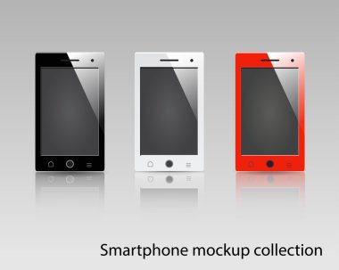 Akıllı telefonlar mockup siyah, beyaz ve kırmızı vektör. Arka plan çerçeve, broşür nesnesi, web öğesi, app arka plan mockup için kullanılabilir.