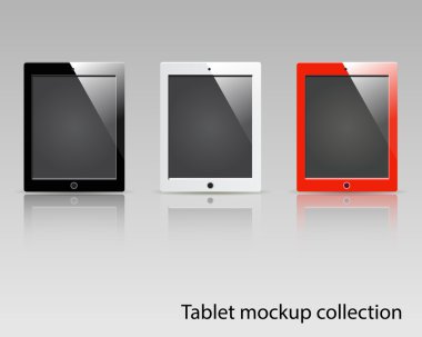 Tablet bilgisayarlar vektör mockup siyah, beyaz ve kırmızı. Arka plan çerçeve, broşür nesnesi, web öğesi, app arka plan mockup için kullanılabilir.