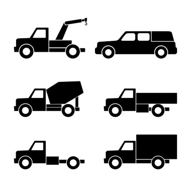 Araba siluetleri üzerinde beyaz izole kümesi. Vektör çizim