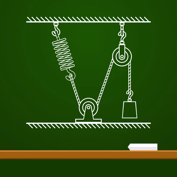 春縄と読み込まれた動滑車図面ボード上の物理学 — ストックベクタ