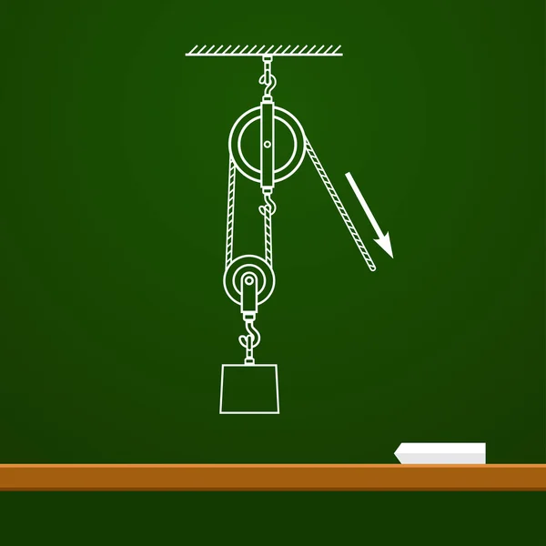 春縄と読み込まれた動滑車図面ボード上の物理学 — ストックベクタ