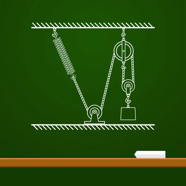春縄と読み込まれた動滑車図面ボード上の物理学 — ストックベクタ
