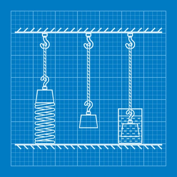 Loaded Movable Pulleys with spring and rope physics blueprint — Stock Vector