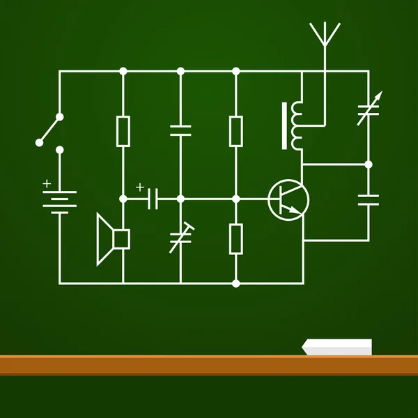 Esquema de circuito electrónico en el fondo de la placa de tiza — Archivo Imágenes Vectoriales