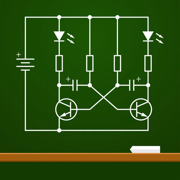 Esquema de circuito electrónico en el fondo de la placa de tiza — Vector de stock