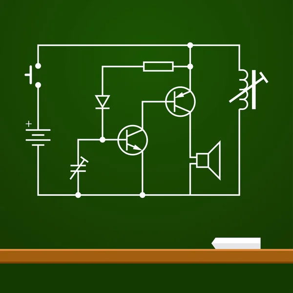 Esquema de circuito electrónico en el fondo de la placa de tiza — Vector de stock