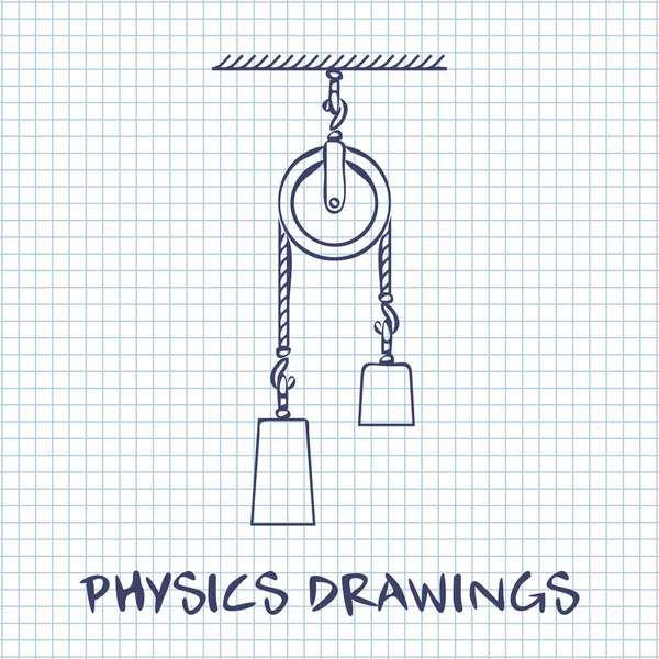 Poleas móviles cargadas y dibujo de física de cuerda sobre fondo de hoja de papel cuadrado blanco — Archivo Imágenes Vectoriales