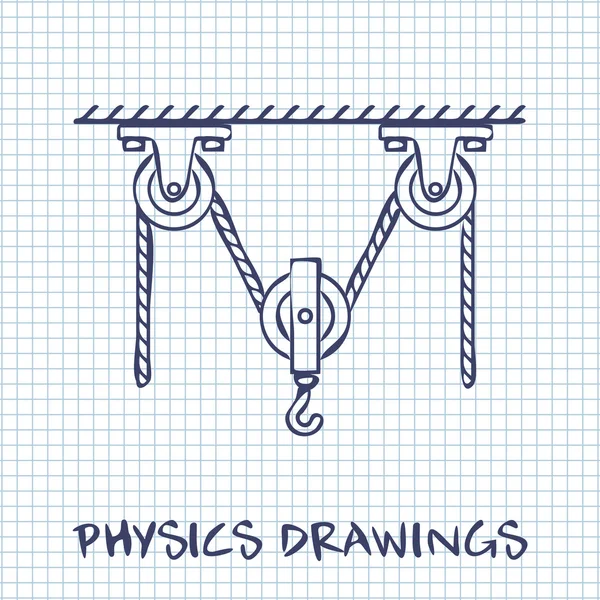 Caricato pulegge mobili e corda fisica disegno su sfondo bianco foglio di carta quadrata — Vettoriale Stock