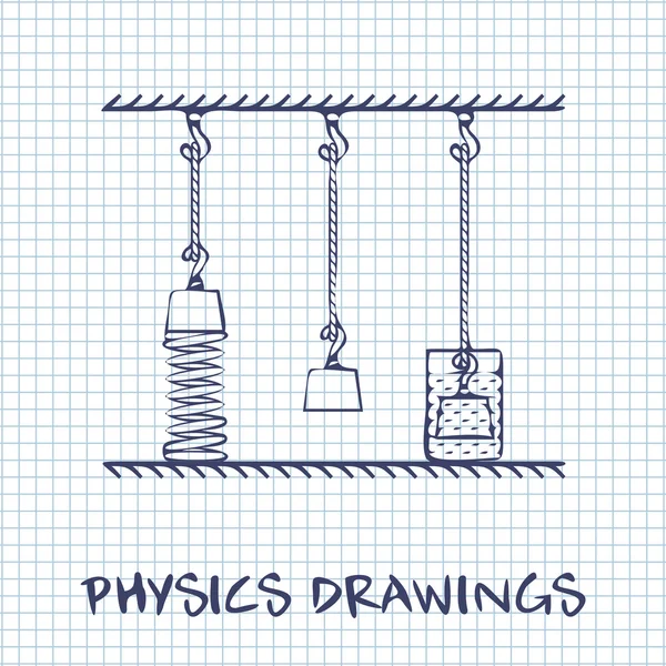 Colgar objetos en la cuerda. Dibujo de física sobre fondo de hoja de papel cuadrado blanco — Archivo Imágenes Vectoriales