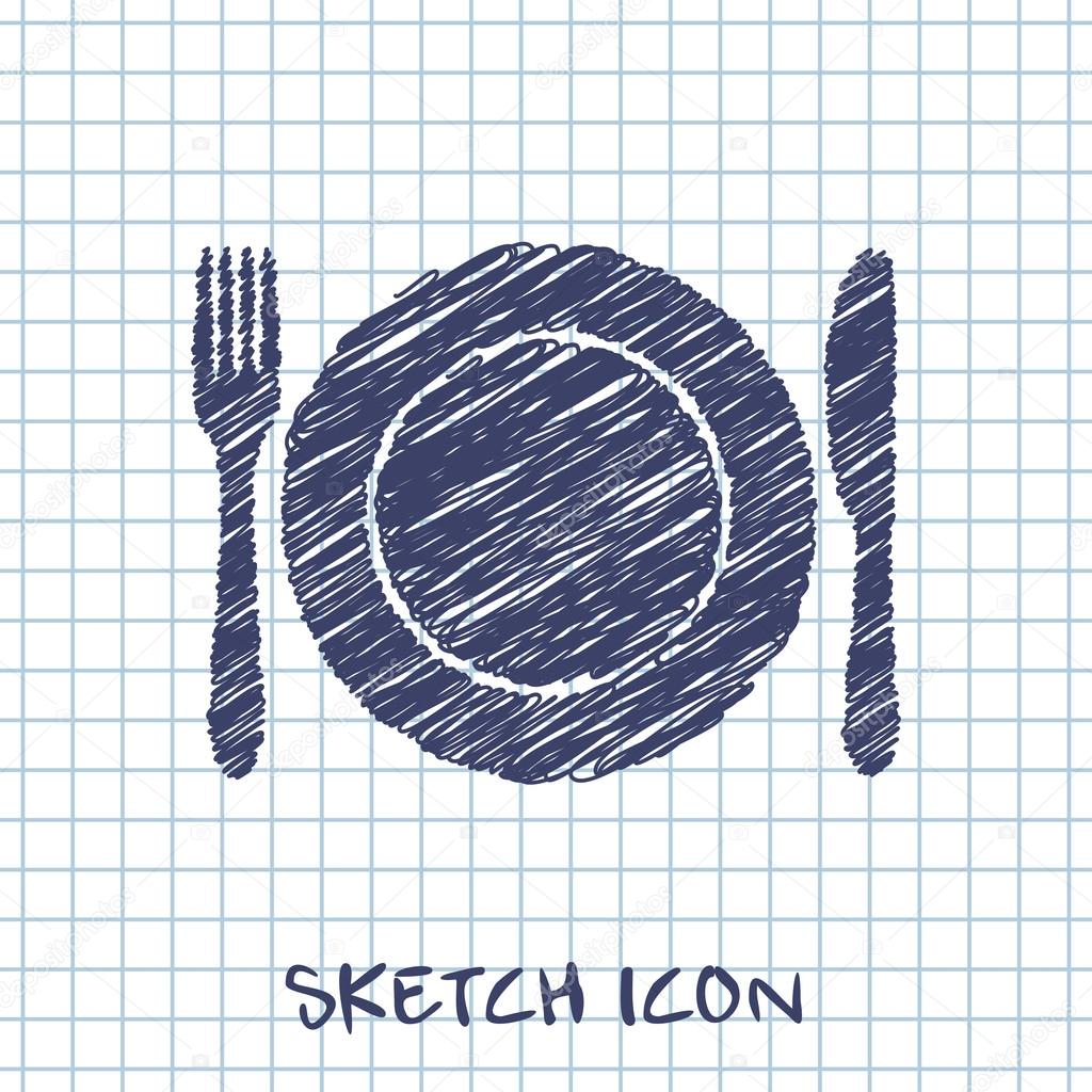 kitchen doodle sketch icon of dish, fork and knife