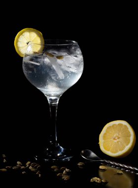 Limonlu cin tonik, sarmal kaşık, limon dilimi ve siyah arka planda kakule süslemesi.