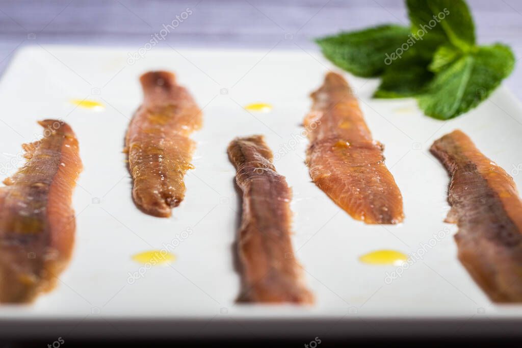 Gourmet anchovies on a white plate and on an elegant gray rustic table