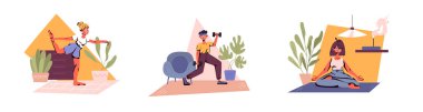 Set of women doing fitness at home. Womans doing stretching, lifting dumbbells and sitting in lotus position. Cartoon character flat vector illustration. Vector illustration in cartoon style.