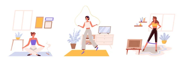 Set Women Exercise Home Woman Meditates Lotus Position Jumping Rope — Archivo Imágenes Vectoriales