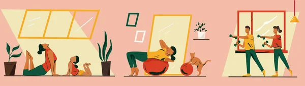 Exercícios Fitness Que Você Pode Fazer Casa Mulher Criança Fazendo —  Vetores de Stock