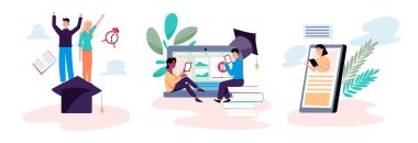 Üniversite öğrencilerinin mezun olduğu eğitim konsepti ve dijital tabletlerle uzaktan eğitim. Çizgi film tarzında vektör illüstrasyonu.