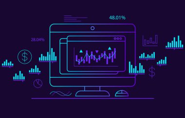 Borsa ve finans verilerine sahip bilgisayar izleme simgesi. Finansal veriler ve istatistik konsepti. Vektör illüstrasyon tasarımı