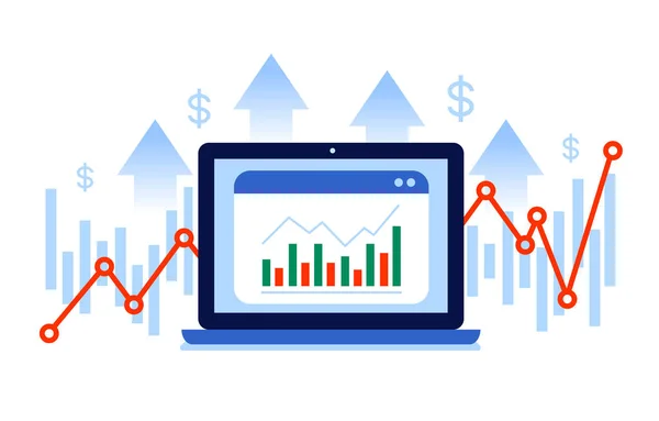 Finanzinfografiken Diagramme Wachstumspfeile Und Laptop Computer Ikone Zeichentrickfigur Flache Vektor — Stockvektor