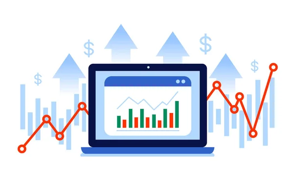 Financial Infographics Charts Growth Arrows Laptop Computer Icon Cartoon Character — Stock Vector