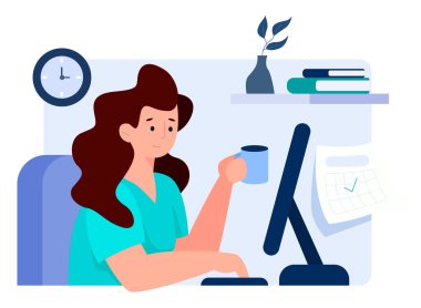 Polis merkezinde çalışan esmer bir kadın. Video konferansı, online toplantı ve evden uzaktan çalışma kavramı. Düz tasarım Illustration. Vektör.