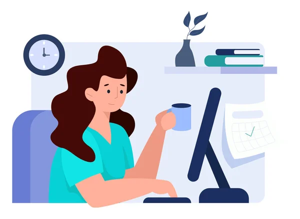 Freelancer mulher morena trabalhando no pc. Conceito de videoconferência, reunião online e trabalho remoto em casa. Design plano Ilustração. Vetor. —  Vetores de Stock