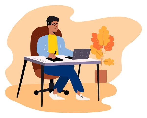 Handsome designer in casual wear sitting at the table and working on computer at home using graphic tablet. Flat style color modern vector illustration. — Stock Vector