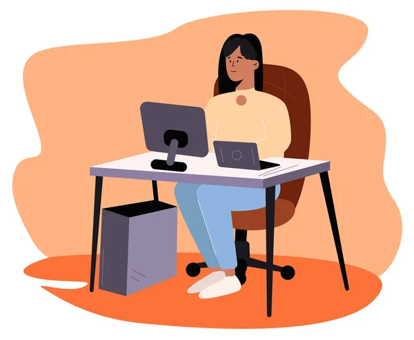 职业女性穿着休闲装在家里的电脑上工作。平面风格的彩色现代矢量插图. — 图库矢量图片