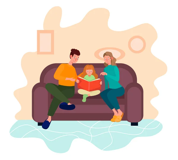 Eltern sitzen mit ihrem Kind auf dem gemütlichen Sofa und lesen Buch. Das Konzept der glücklichen Familie und früherer Erziehungsprozess. Flachbild-Illustration. Vektor. — Stockvektor