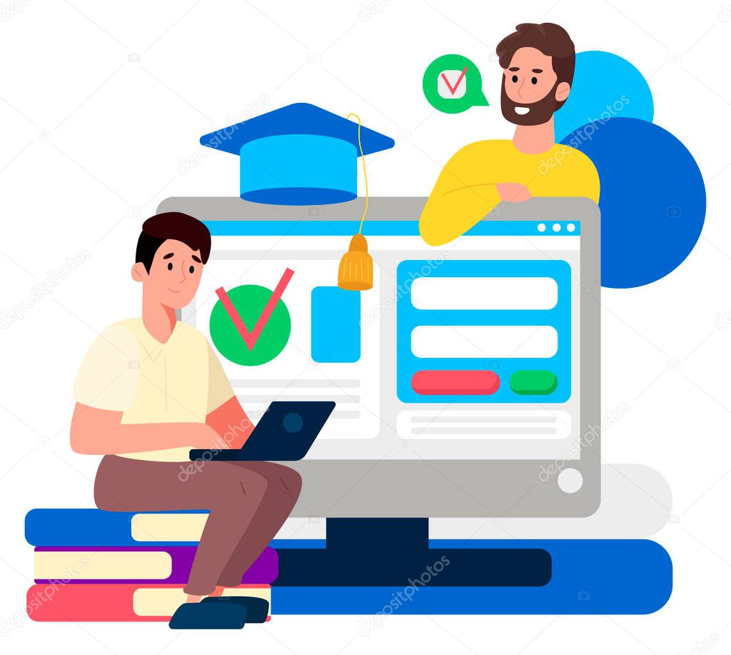Online testing. e-learning, education and assessment concept. student and tutor communicate via computer. Flat design Illustration. Vector.