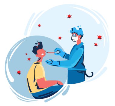 Kapsamlı test, doktor kovid 19 enfeksiyonu için burun sümüğü örnekleri, test edilen hasta, tıbbi kontrol. Düz tasarım Illustration. Vektör.