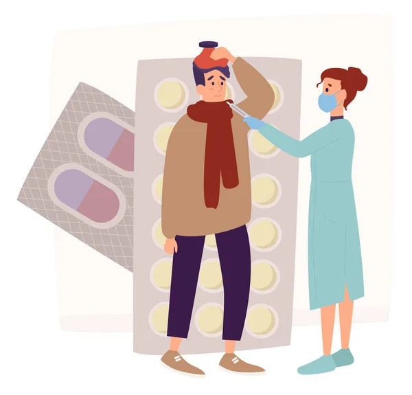 Karakter dokter wanita memberikan pasien termometer medis untuk mengukur suhu untuk mendiagnosa flu dan sakit kepala. Sebuah pil besar lecet di latar belakang. Ilustrasi vektor datar. - Stok Vektor