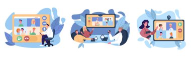 Web video konferansı seti. İnsanlar meslektaşlarını bilgisayar ve televizyon ekranlarına çıkarıyorlar. Web konferans konsepti. Çizgi film tarzında vektör illüstrasyonu.