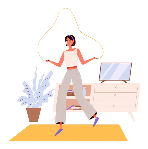 Actividad matutina para un estilo de vida saludable. Una mujer feliz haciendo ejercicios de entrenamiento en casa con saltar la cuerda. Diseño plano Ilustración. Vector. — Archivo Imágenes Vectoriales