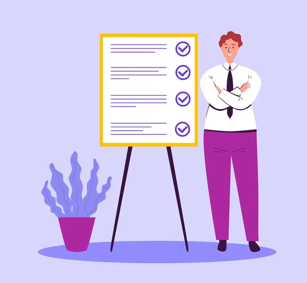 A businessman presents a new strategy of business development model to achieve exceptional results and goals. Flat design Illustration. Vector. — Stock Vector