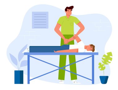 Klinikte masada yatan bir hastaya terapi masajı yapan bir fizyoterapist. Düz tasarım Illustration. Vektör.