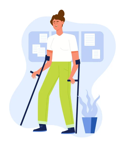 A Woman is making a step using crutches after the leg was broken. The concept of rehabilitation after the injury. Flat design Illustration. Vector. — Stock Vector