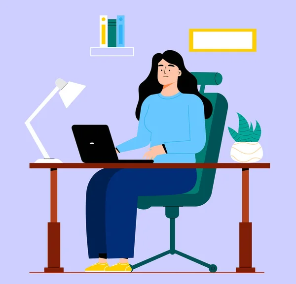 Mujer de negocios en ropa casual trabajando en una computadora en casa. Estilo plano color moderno vector ilustración. — Archivo Imágenes Vectoriales