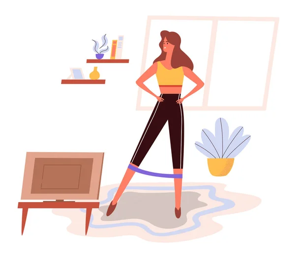 Actividad matutina para un estilo de vida saludable. Una mujer feliz haciendo ejercicios de entrenamiento en casa. Diseño plano Ilustración. Vector. — Archivo Imágenes Vectoriales