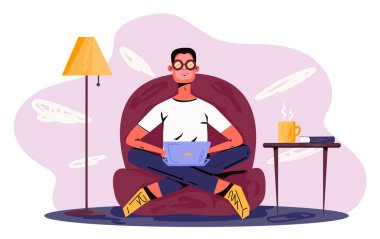 Rahat koltukta oturup dizüstü bilgisayarla çalışan yaratıcı bir serbest yazar. Evden uzak çalışma kavramı. Düz tasarım Illustration. Vektör.