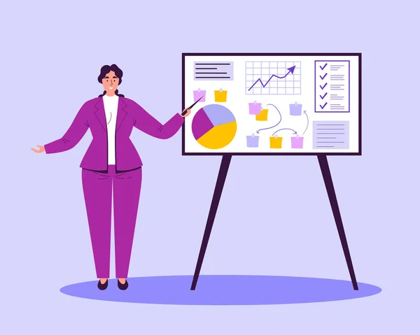 A businesswoman presents a new strategy of business development model to achieve exceptional results and goals. Flat design Illustration. Vector. — Stock Vector