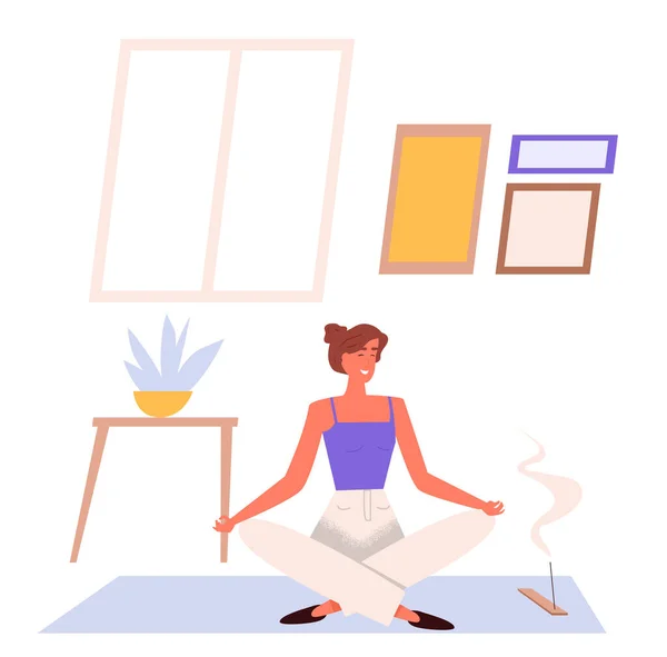 Wanita muda berlatih yoga di rumah melakukan pose lotus untuk meditasi perawatan kesehatan fro dan relaksasi umum. Ilustrasi Desain Datar. Vektor. - Stok Vektor