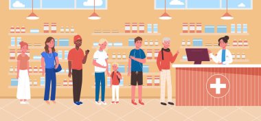 Eczanenin içinde sıra olun. İnsanlar eczaneden ilaç alıyor. Sağlık ve tıbbi konsept. Çizgi film tarzında vektör illüstrasyonu.