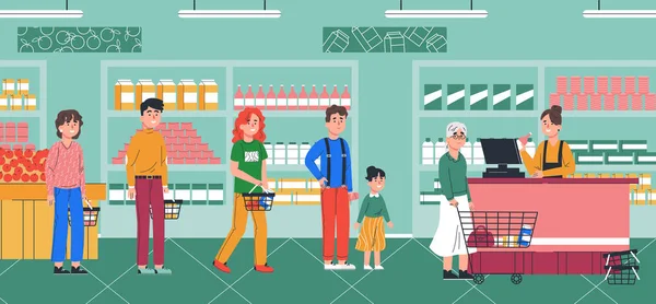 Gente Esperando Cola Larga Supermercado Compras Concepto Mercado Alimentos Dibujos — Vector de stock