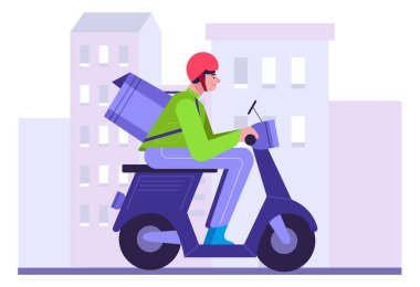 Şehir caddesinde bisiklet süren çantalı bir yiyecek teslimatçısı. Düz tasarım çizimi. Vektör